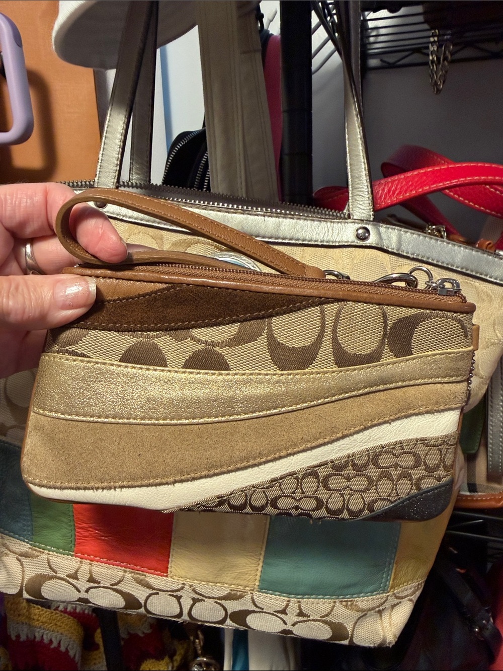 Coach Brown and Tan Signature Patchwork Wristlet - Picture 2 of 3